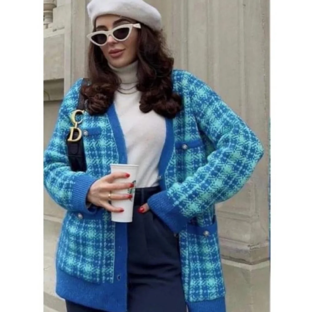 Zara * Plaid Knit Long Cardigan Jacket Blue - Picture 13 of 14